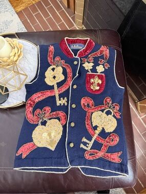 Vintage Belle Pointe Navy Embroidered Key & Heart Vest